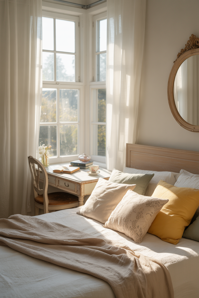 Bed by the Window with Curtains and Desk Combo