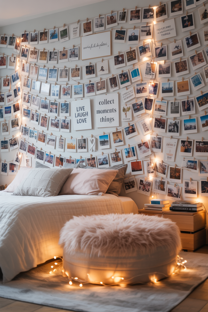 Full Wall Decor with Polaroids & String Lights